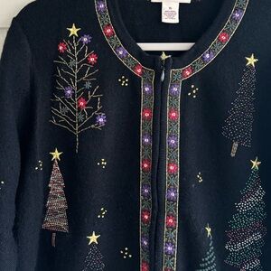 Bechamel Christmas Trees and Stars Wool Zip Up Sweater Size XL